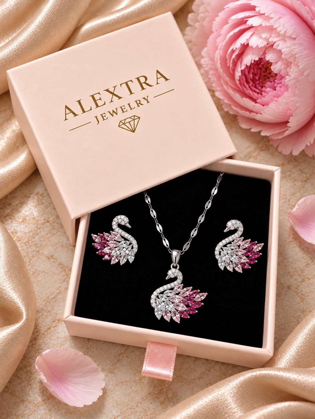 Rosentraum Schwan-Set mit Halskette und zwei Schwan-Ohrsteckern in rosa Alextra Jewelry Geschenkbox auf schwarzem Einsatz, neben rosa Blüte