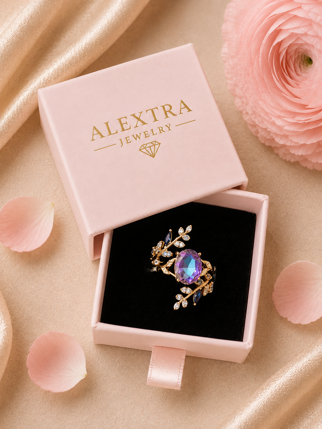 Blütentraum Amethystviolett Ring – In der Alextra Jewelry Geschenkbox