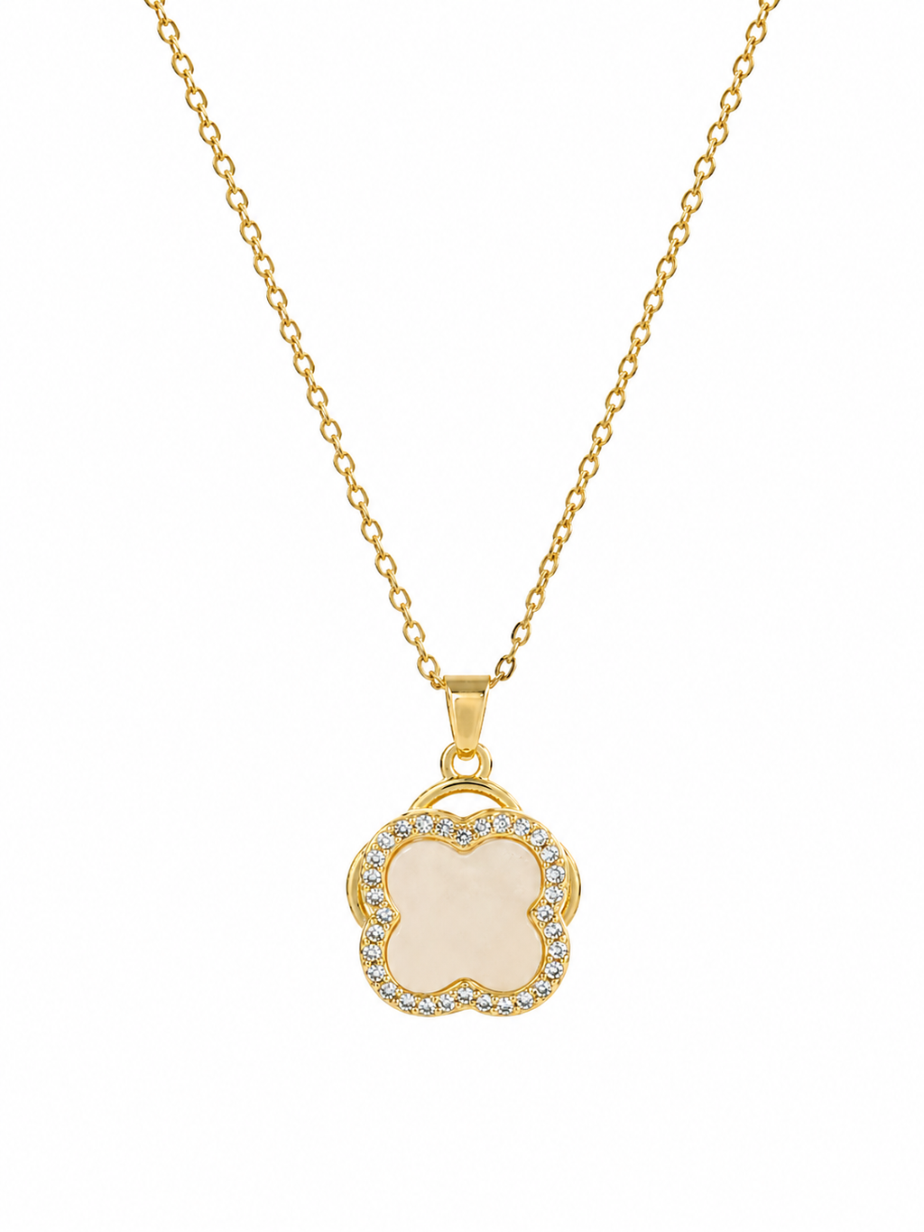 Trèfle Nacré Collier – Gold, Perlmutt-Kleeblatt mit Zirkonia, drehbarer Anhänger, 18K Goldvergoldung.