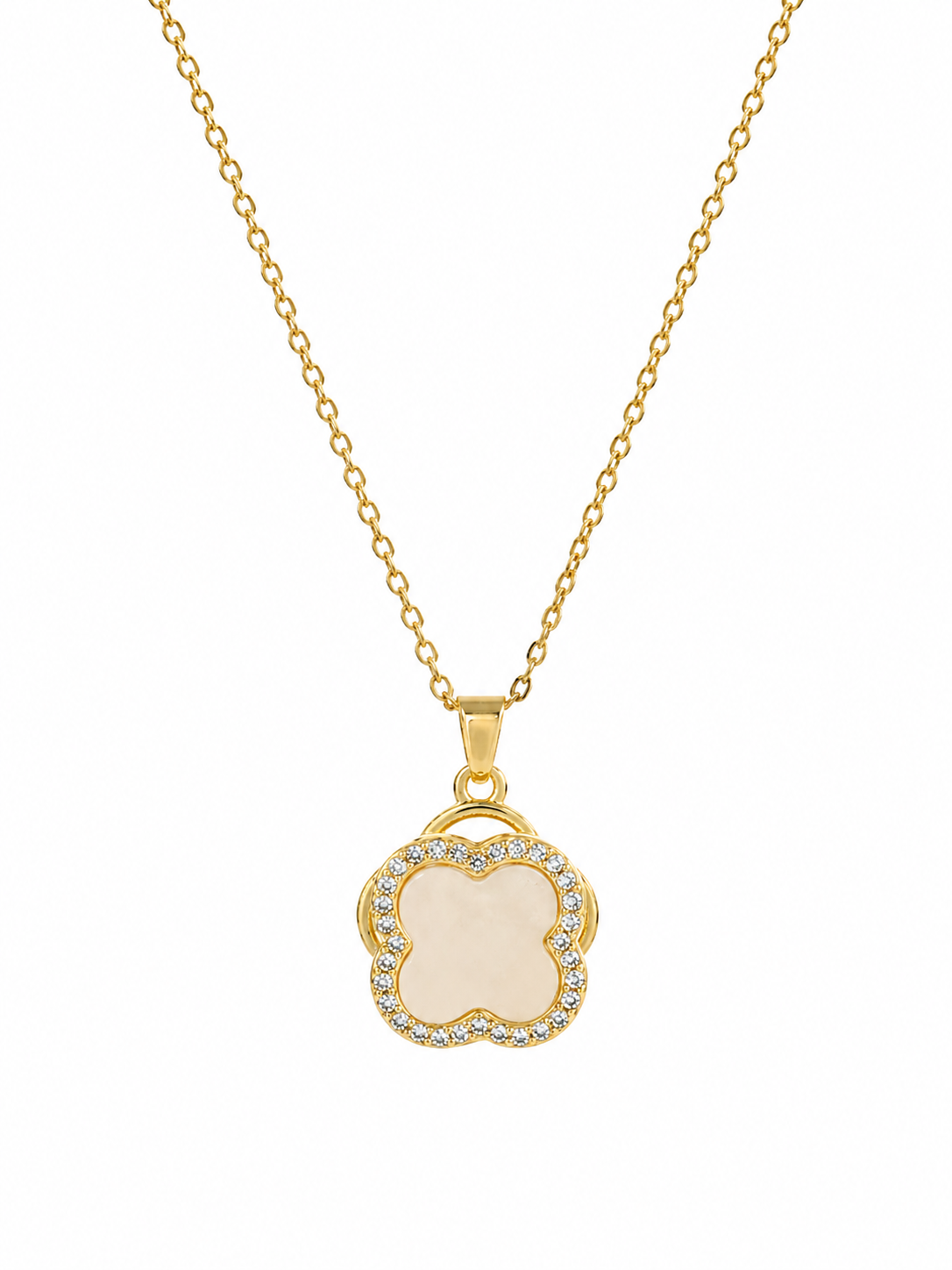 Trèfle Nacré Collier – Gold, Perlmutt-Kleeblatt mit Zirkonia, drehbarer Anhänger, 18K Goldvergoldung.