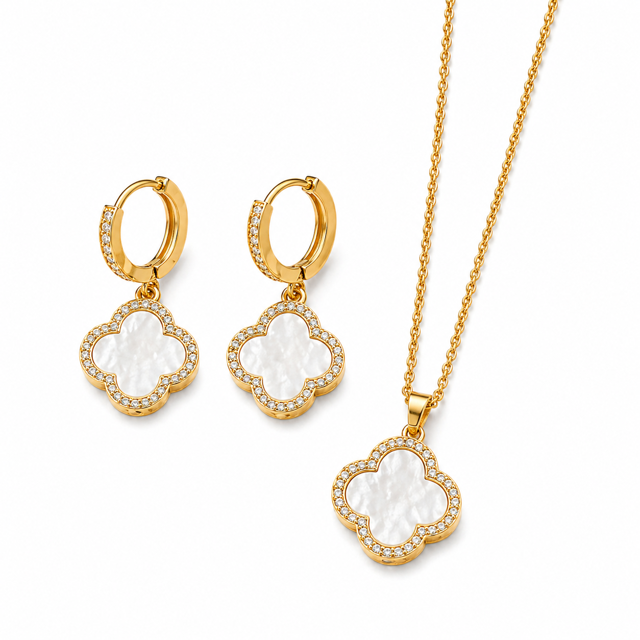 Trèfle Nacré Set – Gold, Perlmutt-Kleeblatt Ohrringe und Collier mit Zirkonia, 18K Goldvergoldung