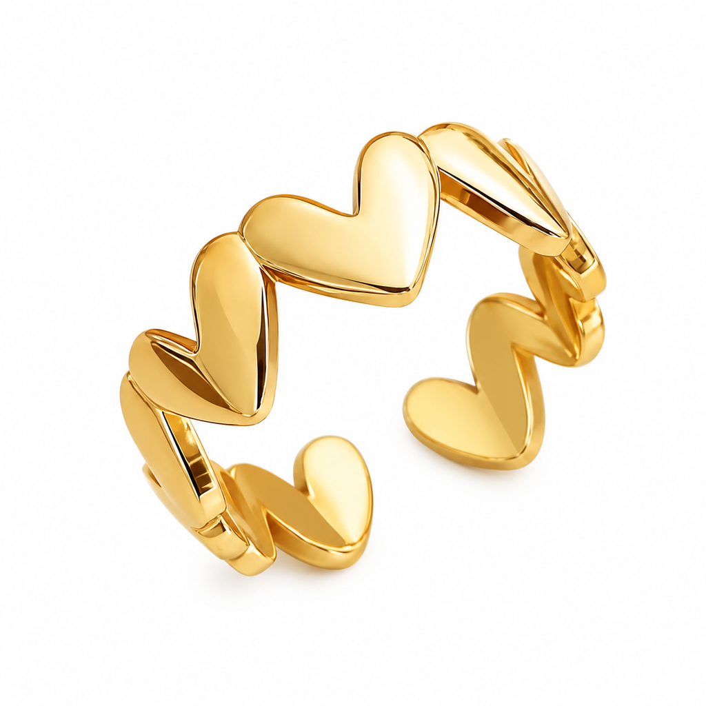 Goldfarbener Herzband Ring mit glänzenden Herzen auf weißem Hintergrund