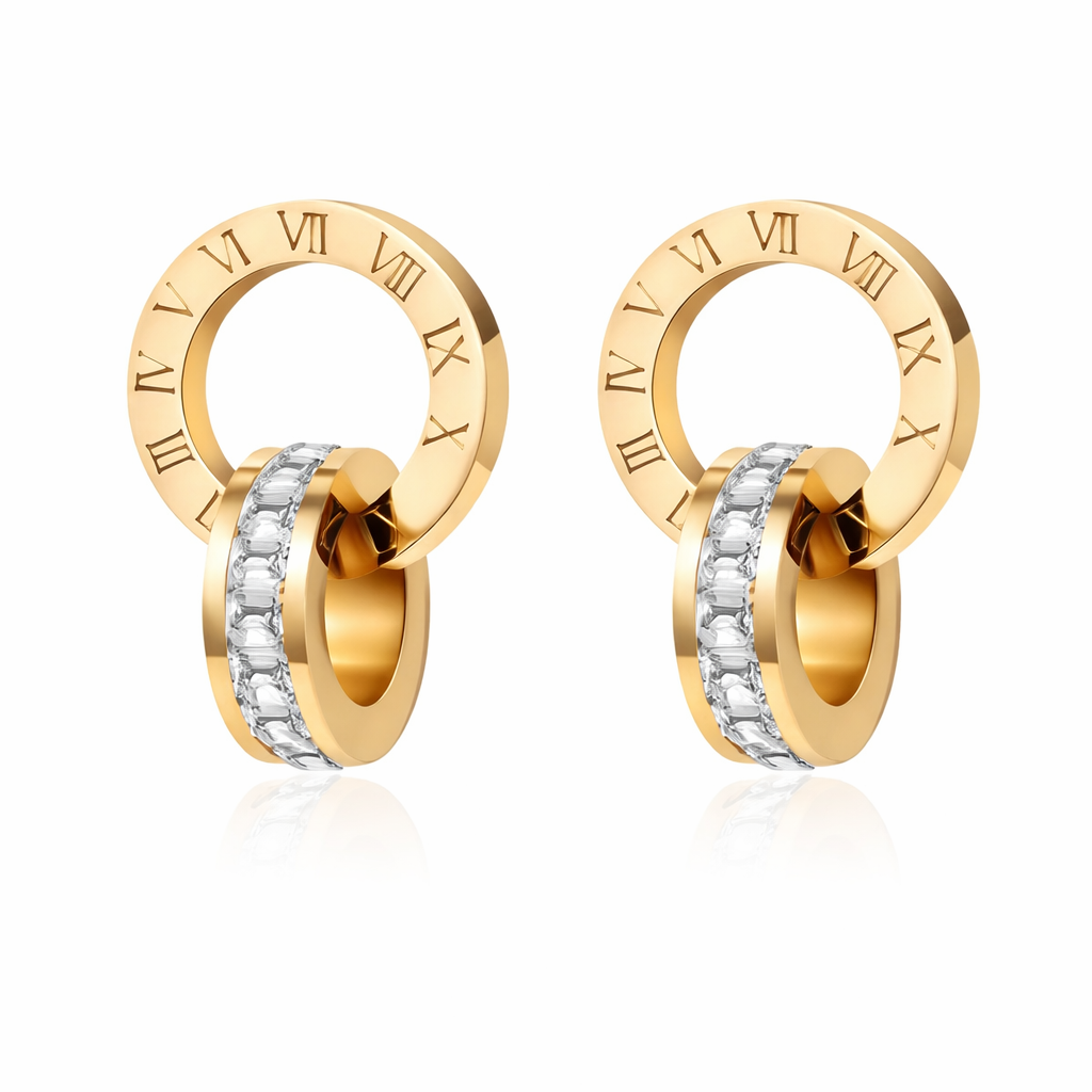 Tempus Éternel Ohrringe – Edelstahl mit 18K Goldvergoldung oder in silberfarbener Ausführung – Römische Ziffern | Alextra Jewelry
