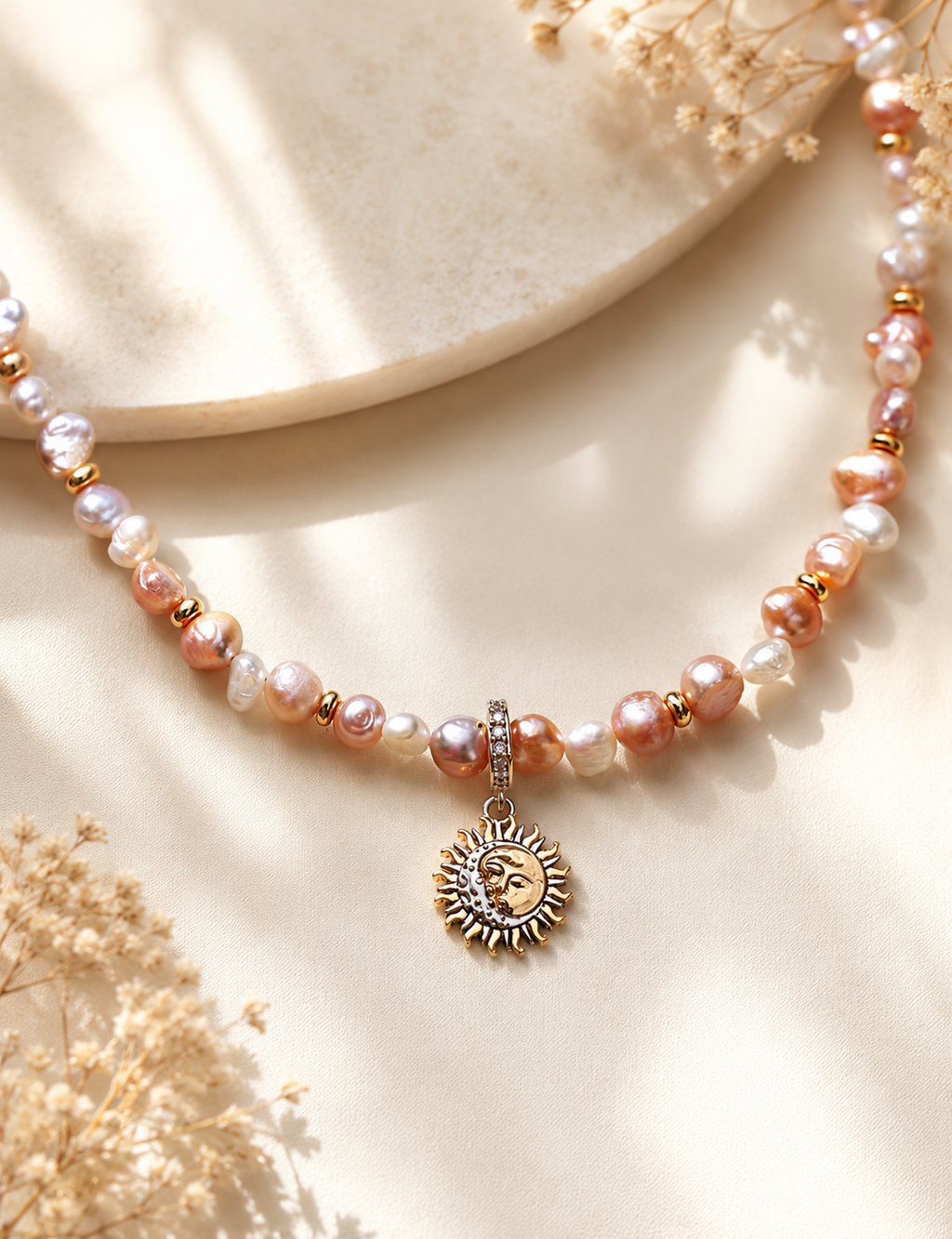 Perlenkuss Collier – natürliche Süßwasserperlen in Rosa und Weiß mit goldenem Sonnen-Anhänger aus Sterlingsilber, Alextra Boutique Studio