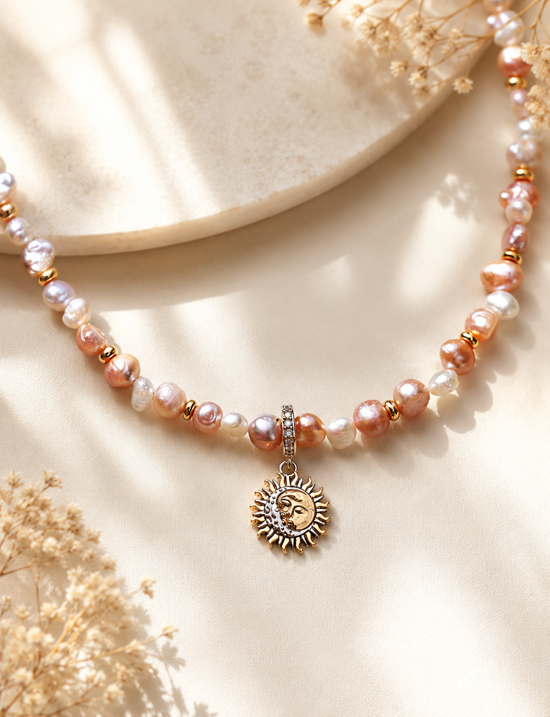 Perlenkuss Collier – natürliche Süßwasserperlen in Rosa und Weiß mit goldenem Sonnen-Anhänger aus Sterlingsilber, Alextra Boutique Studio