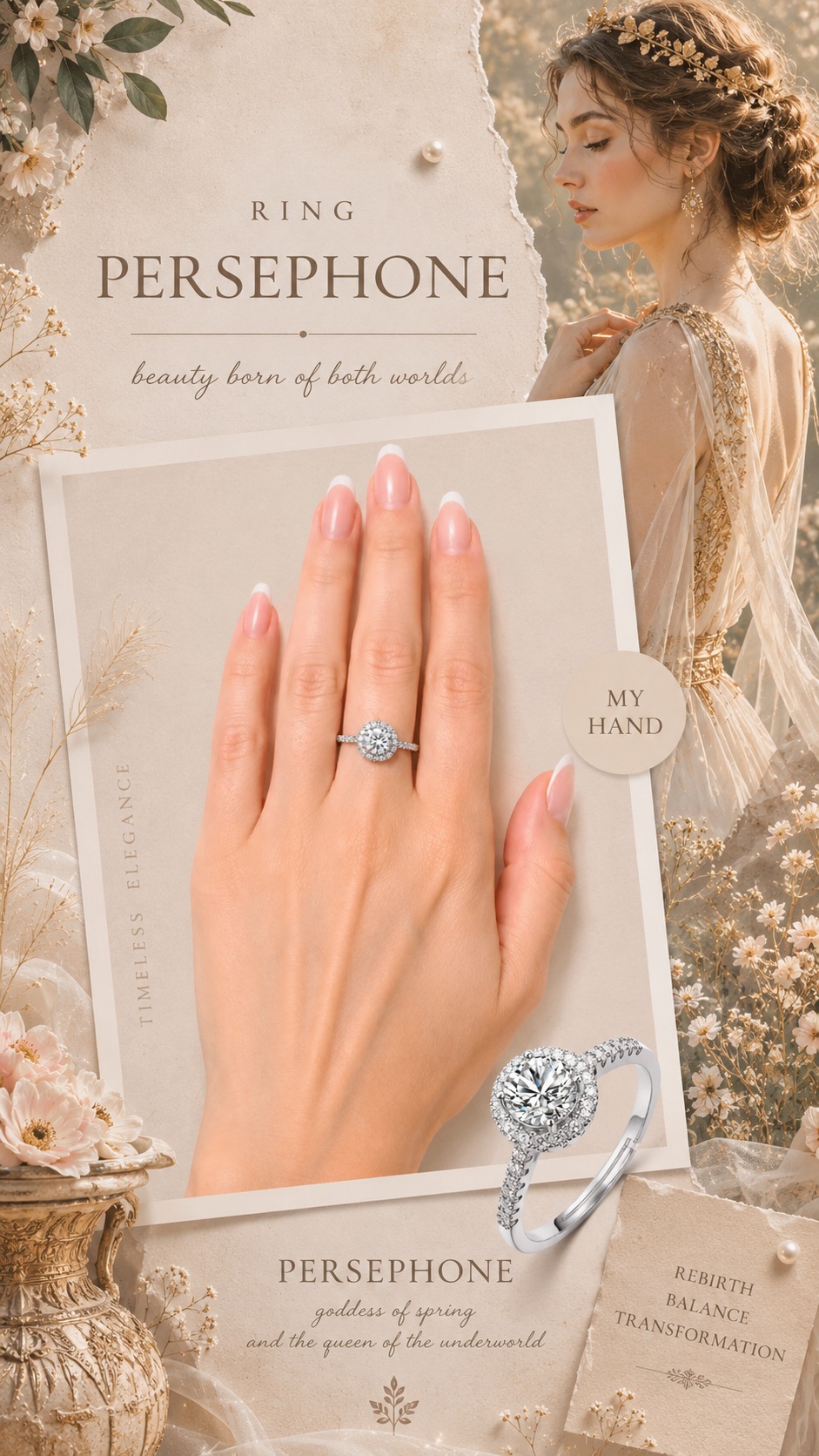 Persephone Ring – Zirkonia mit Halo-Fassung und Pavé-Besatz, Edelstahl mit Platinbeschichtung