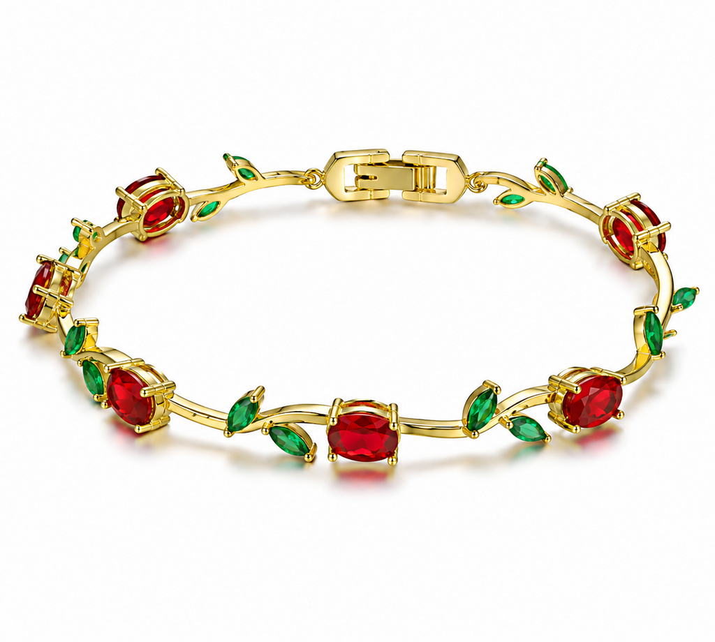 Tulipa Rouge Armband mit 18K Goldvergoldung und roten Zirkonia-Steinen in Oval- und Marquise-Schliff, Alextra Jewelry