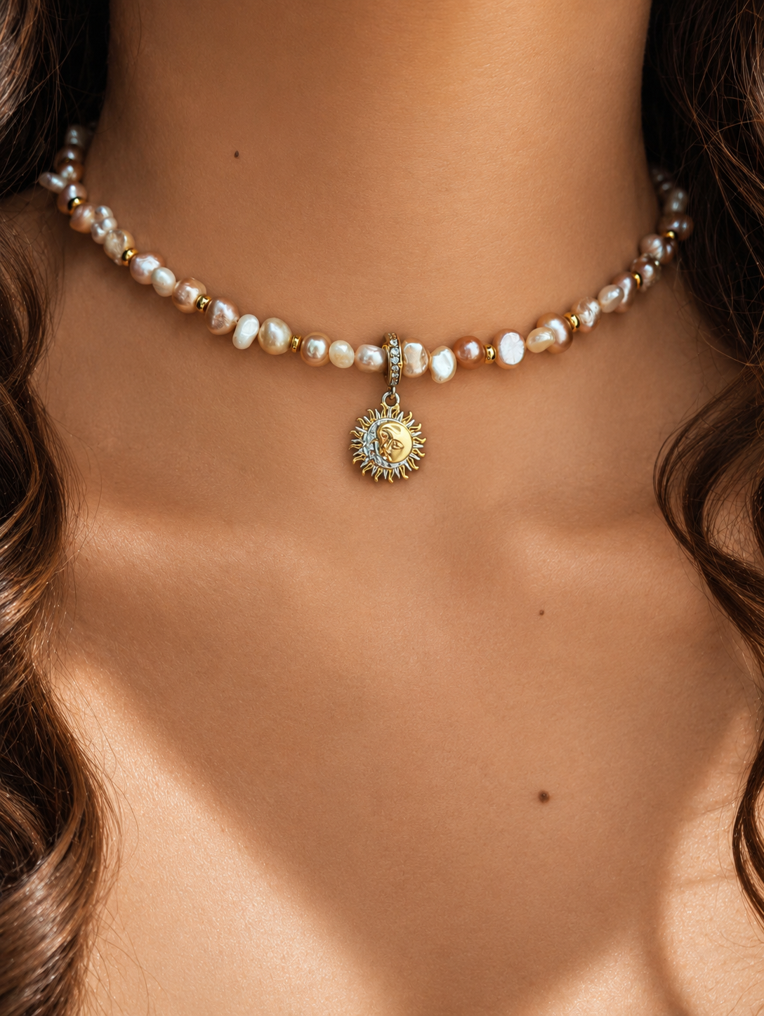 Perlenkuss Collier – natürliche Süßwasserperlen in Rosa und Weiß mit goldenem Sonnen-Anhänger aus Sterlingsilber, Alextra Boutique Studio