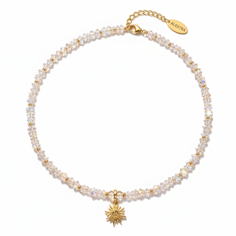 Sonnenzauber Collier – handgefertigtes Kristall-Collier in Rosa und Champagner mit goldenem Sonnen-Anhänger aus Sterlingsilber, Alextra Boutique Studio