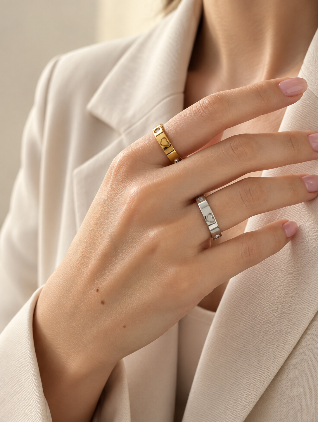 Goldfarbener und silberfarbener Juliette Ring mit Herzmotiven an der Hand getragen