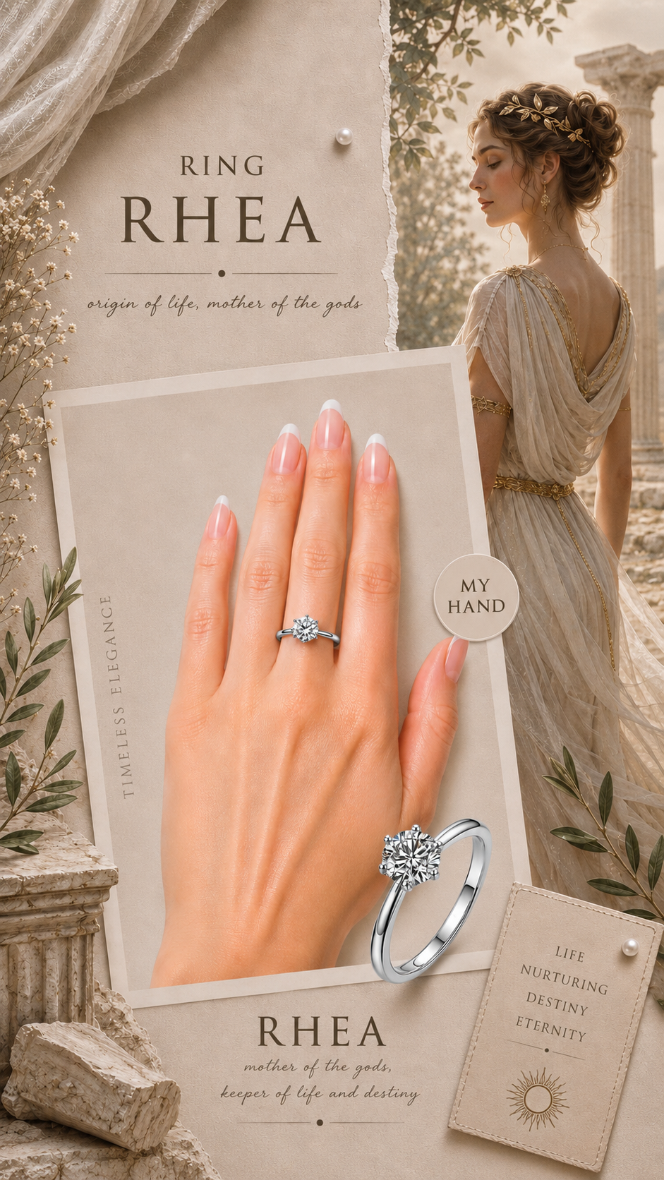Rhea Ring – Größter Zirkonia-Solitär der Kollektion in Sechskrallen-Fassung auf glatter polierter Ringschiene, Edelstahl mit Platinbeschichtung