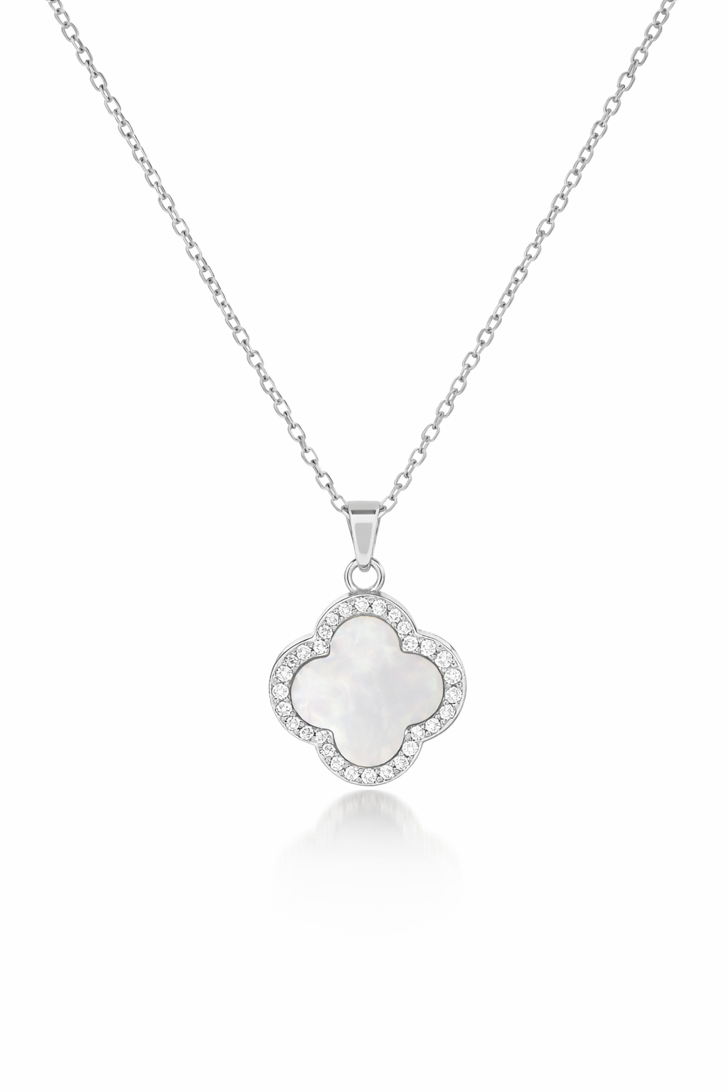 Trèfle Nacré Collier – Silber, Perlmutt-Kleeblatt mit Zirkonia, drehbarer Anhänger