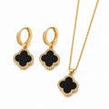 Trèfle Noir Set – Gold, schwarzes Kleeblatt Ohrringe und Collier mit Zirkonia, 18K Goldvergoldung
