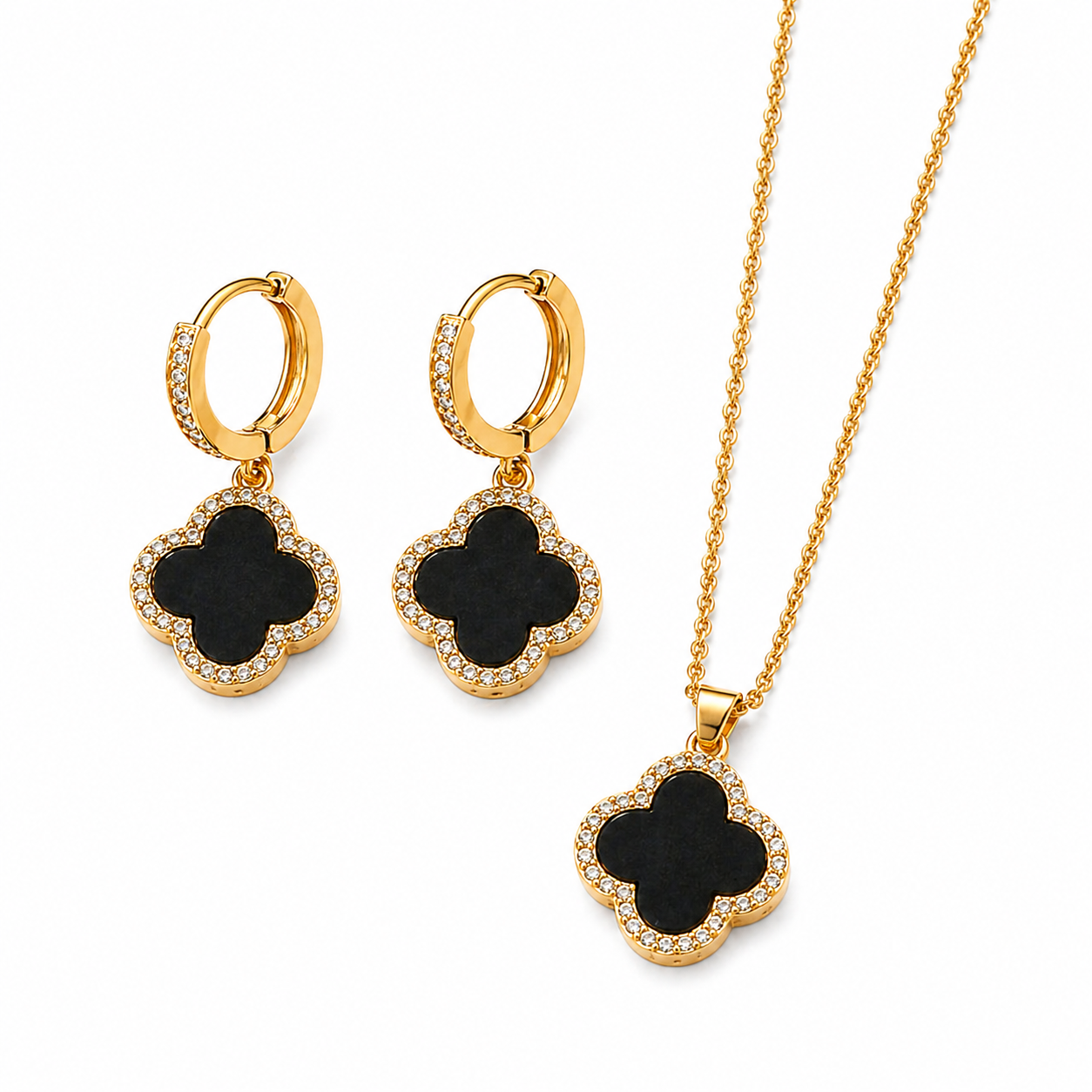 Trèfle Noir Set – Gold, schwarzes Kleeblatt Ohrringe und Collier mit Zirkonia, 18K Goldvergoldung