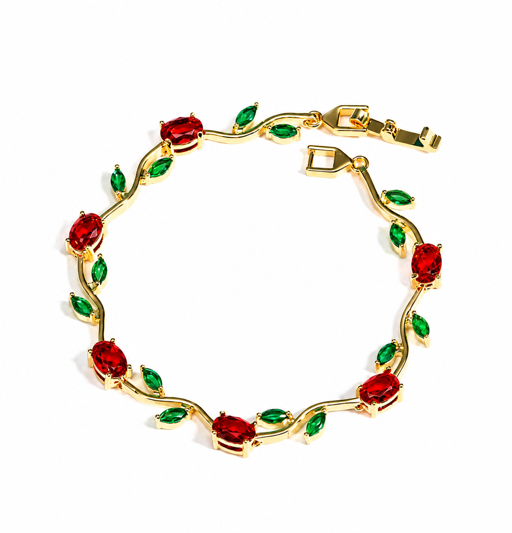 Tulipa Rouge Armband mit 18K Goldvergoldung und roten Zirkonia-Steinen in Oval- und Marquise-Schliff, Alextra Jewelry