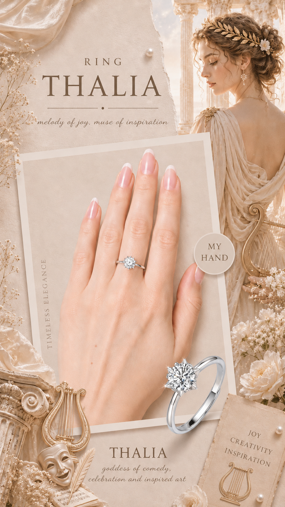 Thalia Ring – Zirkonia mit Sechskrallen und sechs glatten Blattornamenten, Edelstahl mit Platinbeschichtung
