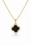 Trèfle Noir Collier – Gold, schwarzes Kleeblatt mit Zirkonia, drehbarer Anhänger, 18K Goldvergoldung