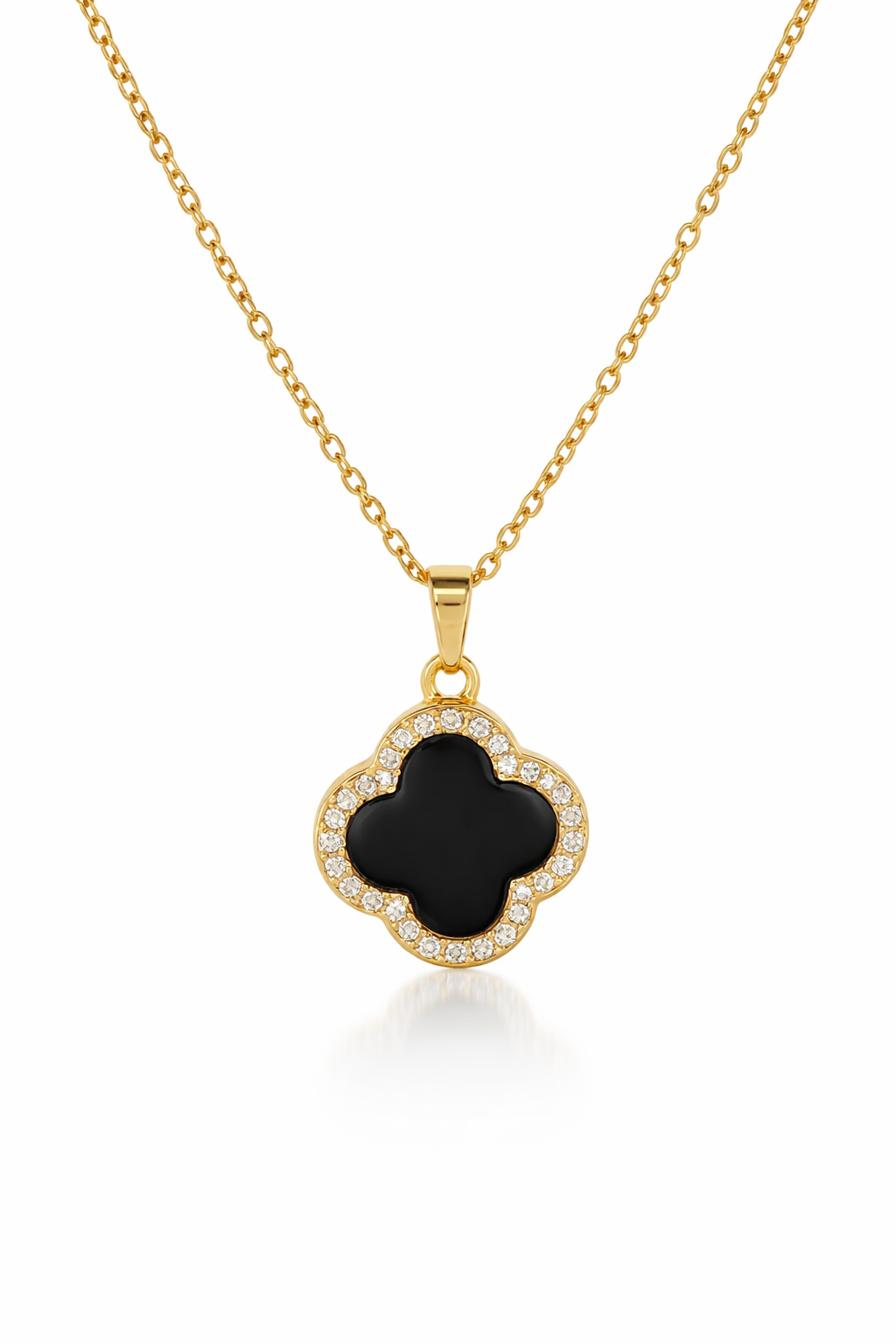 Trèfle Noir Collier – Gold, schwarzes Kleeblatt mit Zirkonia, drehbarer Anhänger, 18K Goldvergoldung
