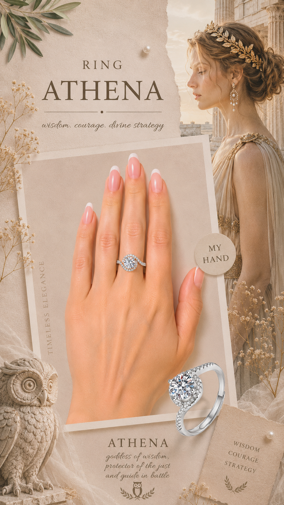 Athena Ring – Zirkonia mit Vierzackenfassung und mandelförmigem Pavé-Rahmen, Edelstahl mit Platinbeschichtung