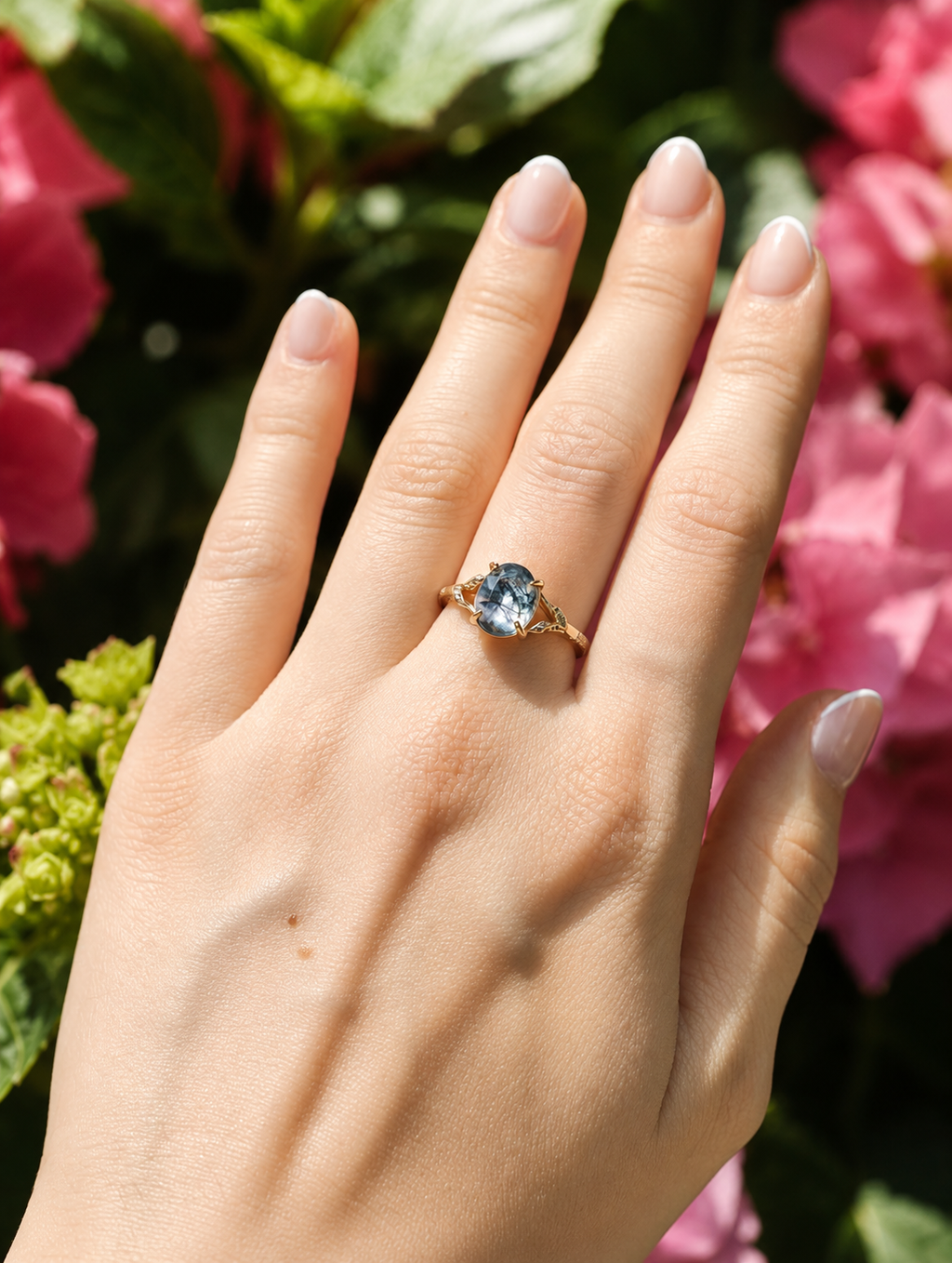 Blütentraum Moosgrün Ring – Einzelner Solitärring an der Hand
