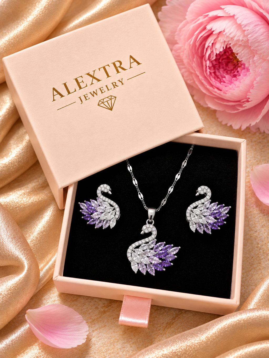 Fliederhauch Schwan-Set mit Halskette und zwei Ohrsteckern in rosa Alextra Jewelry Geschenkbox auf schwarzem Einsatz