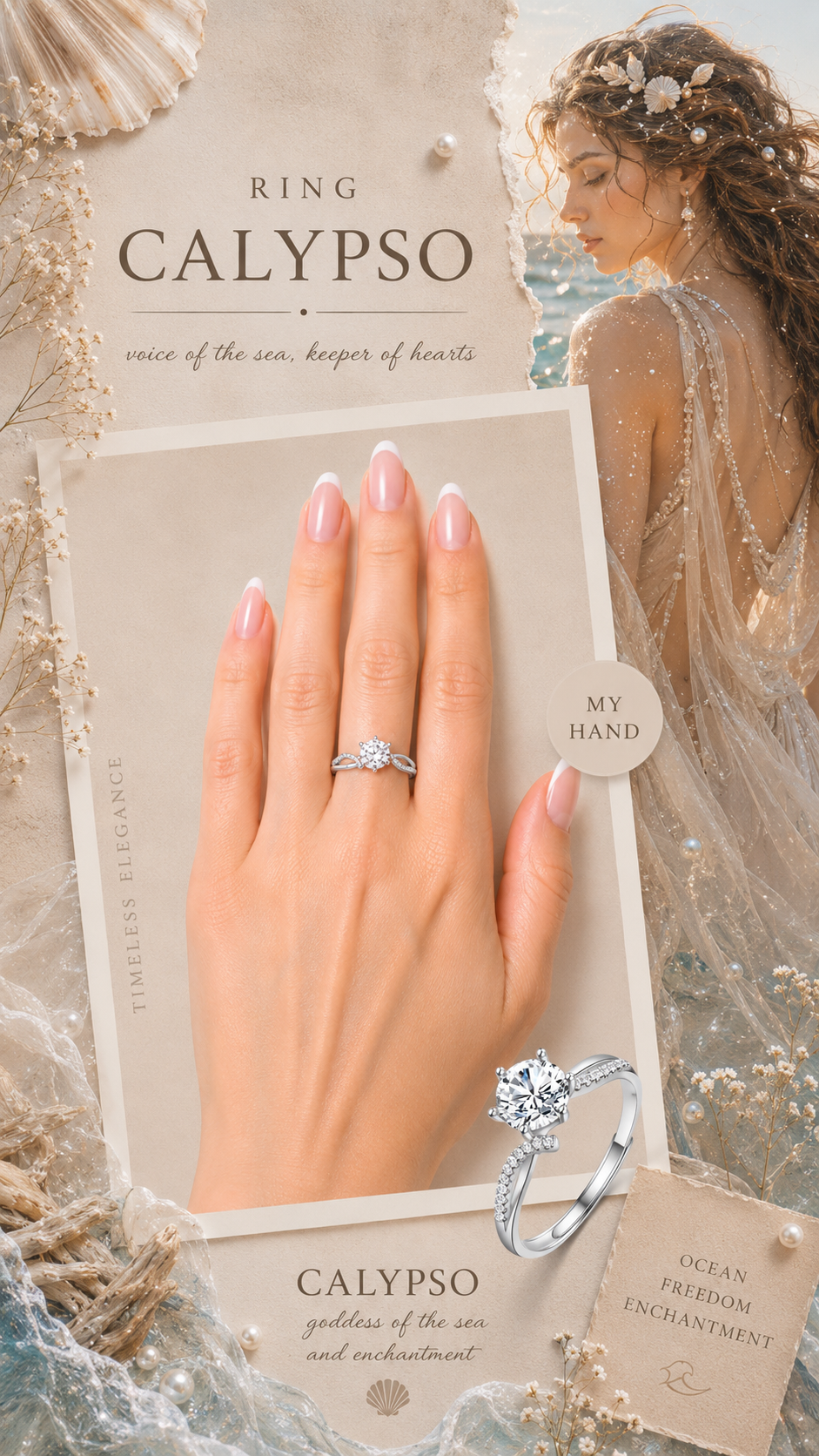Calypso Ring – Zirkonia mit Sechskrallen und geteilter Ringschiene: eine Seite Pavé, eine Seite glatt poliert, Edelstahl mit Platinbeschichtung