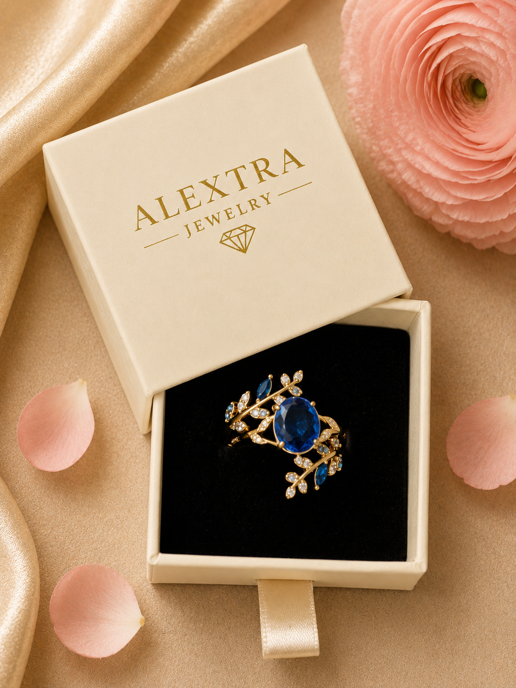 Blütentraum Saphirblau Ring – In der Alextra Jewelry Geschenkbox