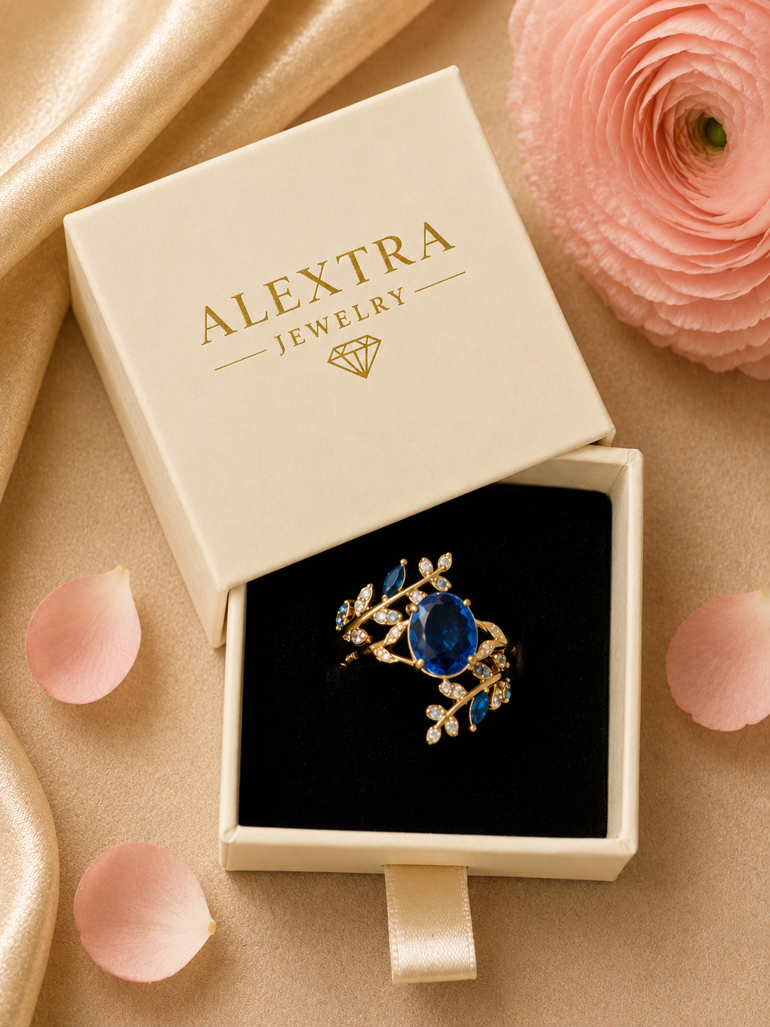 Blütentraum Saphirblau Ring – In der Alextra Jewelry Geschenkbox