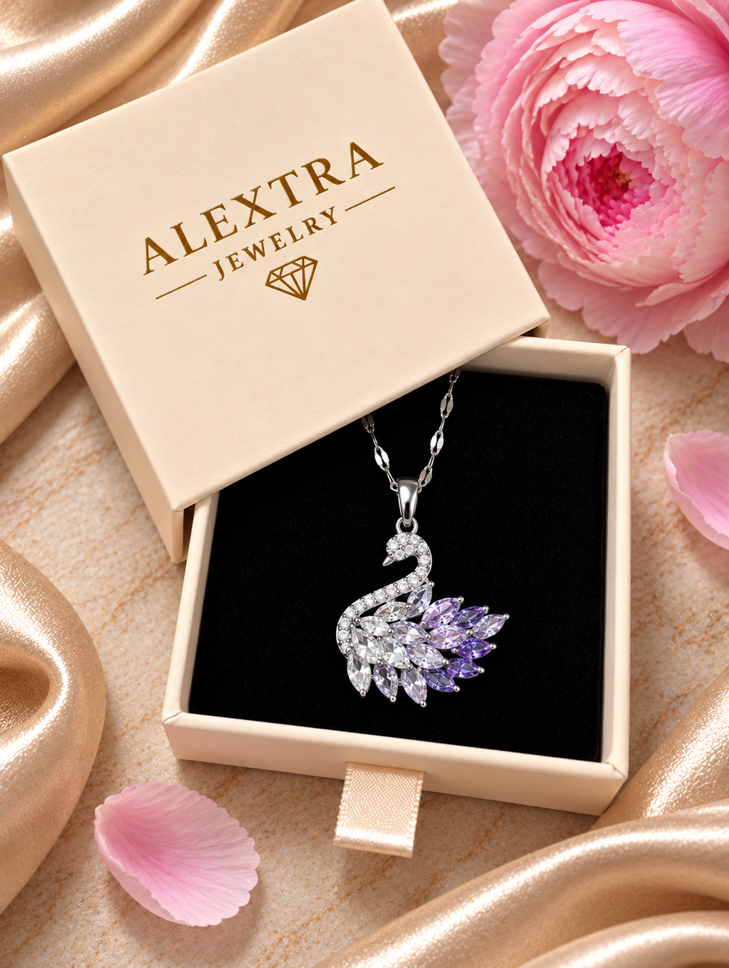 Fliederhauch Schwan-Collier in rosa Alextra Jewelry Geschenkbox auf schwarzem Einsatz, neben rosa Blüte und hellem Satin