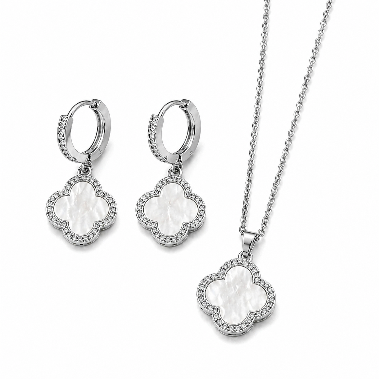 Trèfle Nacré Set – Silber, Perlmutt-Kleeblatt Ohrringe und Collier mit Zirkonia, silberfarben