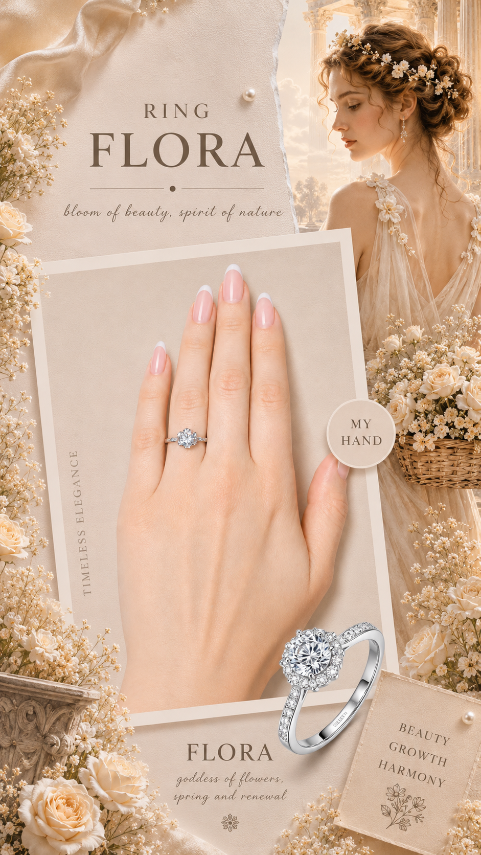 Flora Ring – Zirkonia mit Sechskrallen und floralem Pavé-Halo, Pavé-Schiene, Edelstahl mit Platinbeschichtung