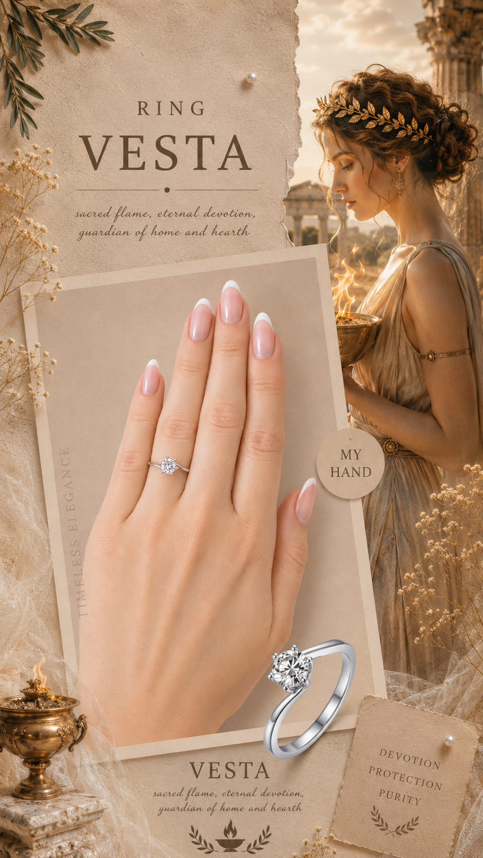 Vesta Ring – Zirkonia mit Sechskrallen auf asymmetrisch verlaufender, glatter Ringschiene, Edelstahl mit Platinbeschichtung
