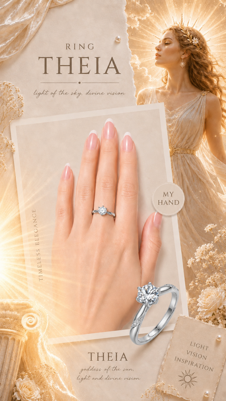 Theia Ring – Zirkonia mit Sechskrallen auf glatter Ringschiene mit zwei symmetrischen Pavé-Steinreihen, Edelstahl mit Platinbeschichtung