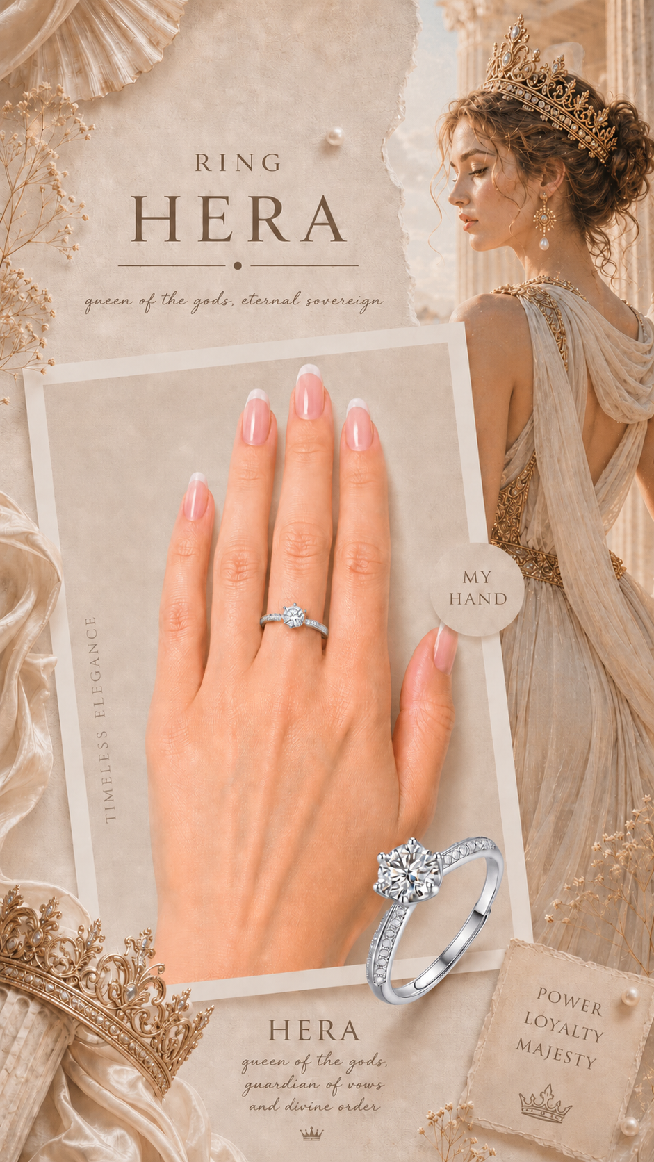 Hera Ring – Zirkonia in majestätischer Kronenfassung mit sechs Zinken und doppelter Pavé-Schiene mit glattem Mittelsteg, Edelstahl mit Platinbeschichtung