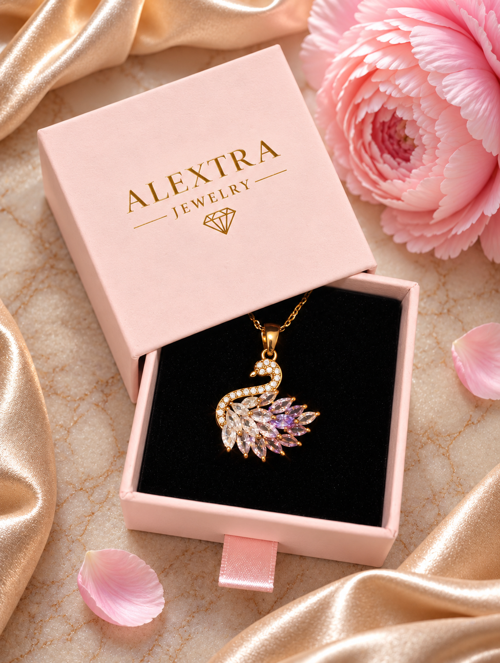 Amethystblüte Schwan-Collier mit goldfarbenem Schwan-Anhänger in rosa Alextra Jewelry Geschenkbox auf schwarzem Einsatz, neben rosa Blüte