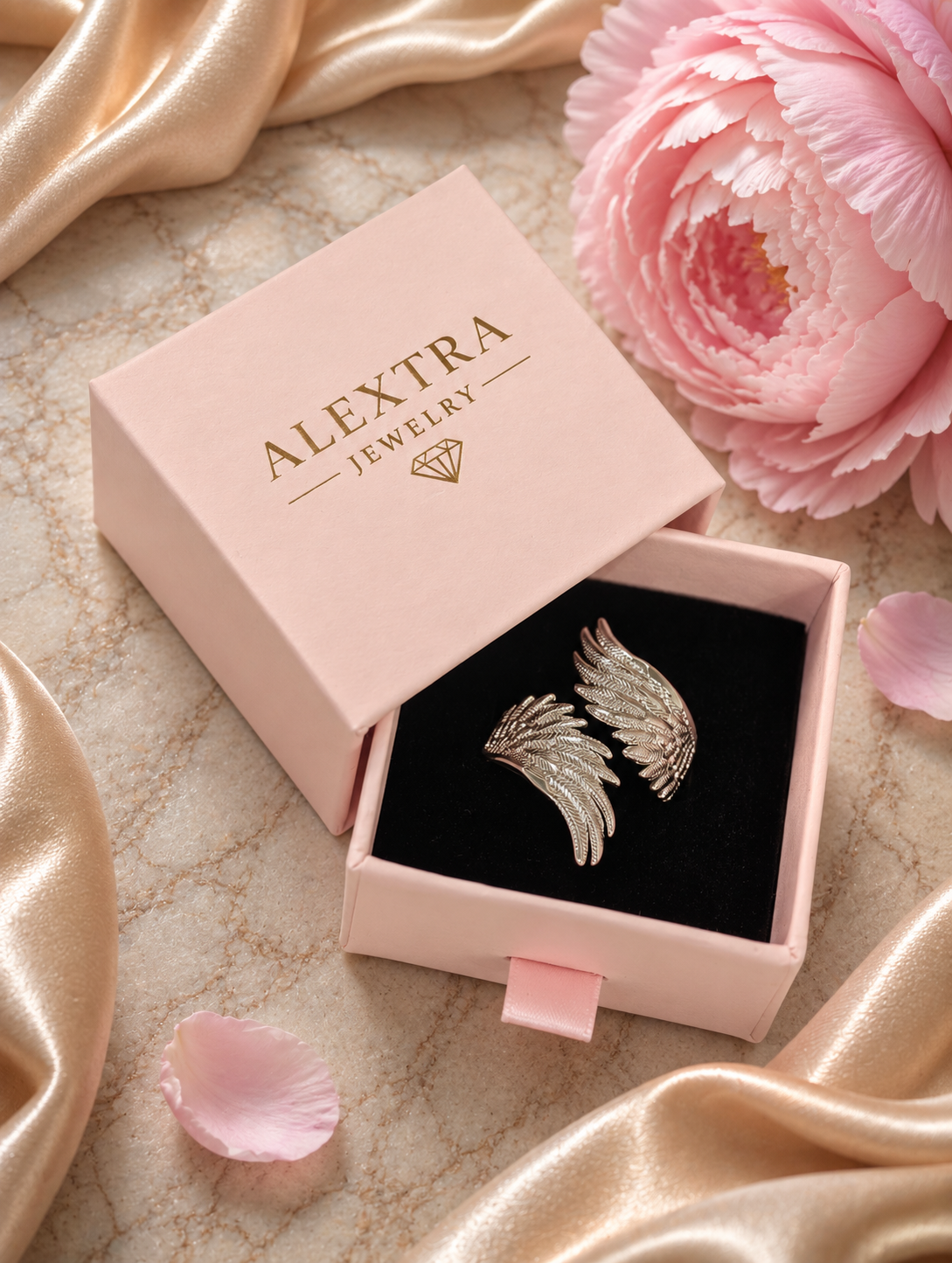 Silberfarbener Flügelring in einer rosa Alextra Jewelry Schmuckbox
