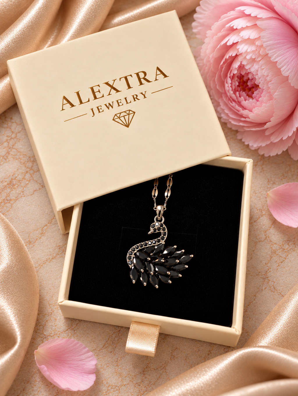 Onyx Schwan-Collier mit dunklem Schwan-Anhänger in Alextra Jewelry Geschenkbox auf schwarzem Einsatz, neben rosa Blüte und hellem Satin