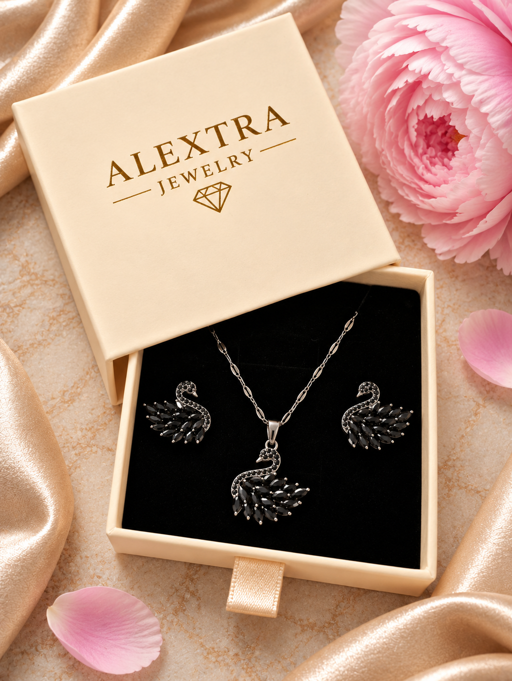 Onyx Schwan-Set mit Halskette und schwarzen Schwan-Ohrsteckern in Alextra Jewelry Geschenkbox auf schwarzem Einsatz, neben rosa Blüte