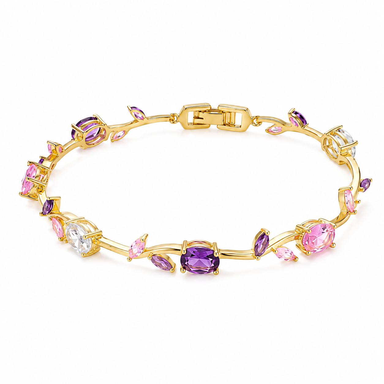 Tulipa Bloom Armband mit 18K Goldvergoldung und bunten Zirkonia-Steinen in Rosa, Violett und Weiß, Draufsicht auf weißem Hintergrund