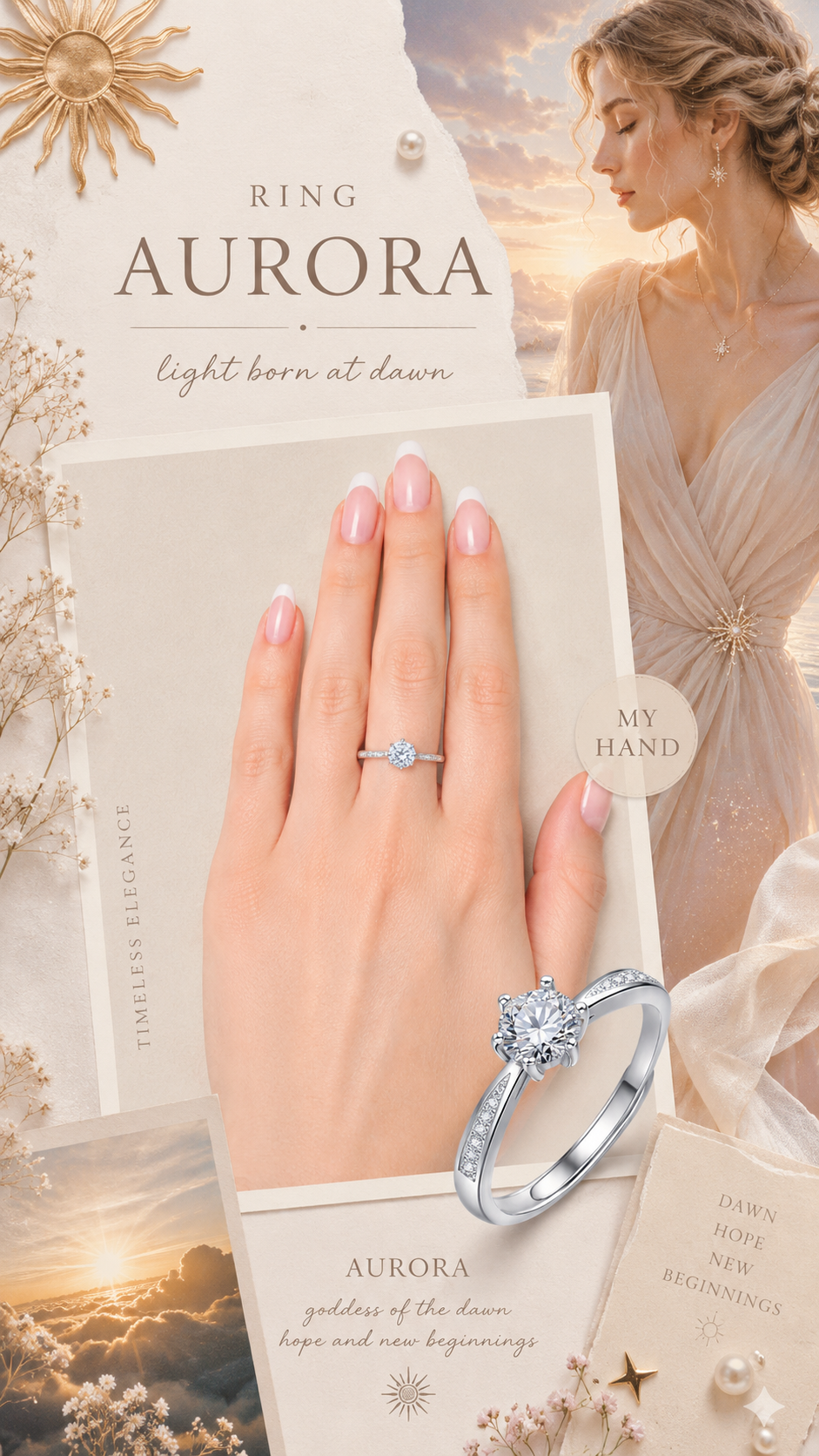 Aurora Ring – Zirkonia mit Sechskrallen, Pavé-Besatz auf zur Fassung hin verjüngender Ringschiene, Edelstahl mit Platinbeschichtung