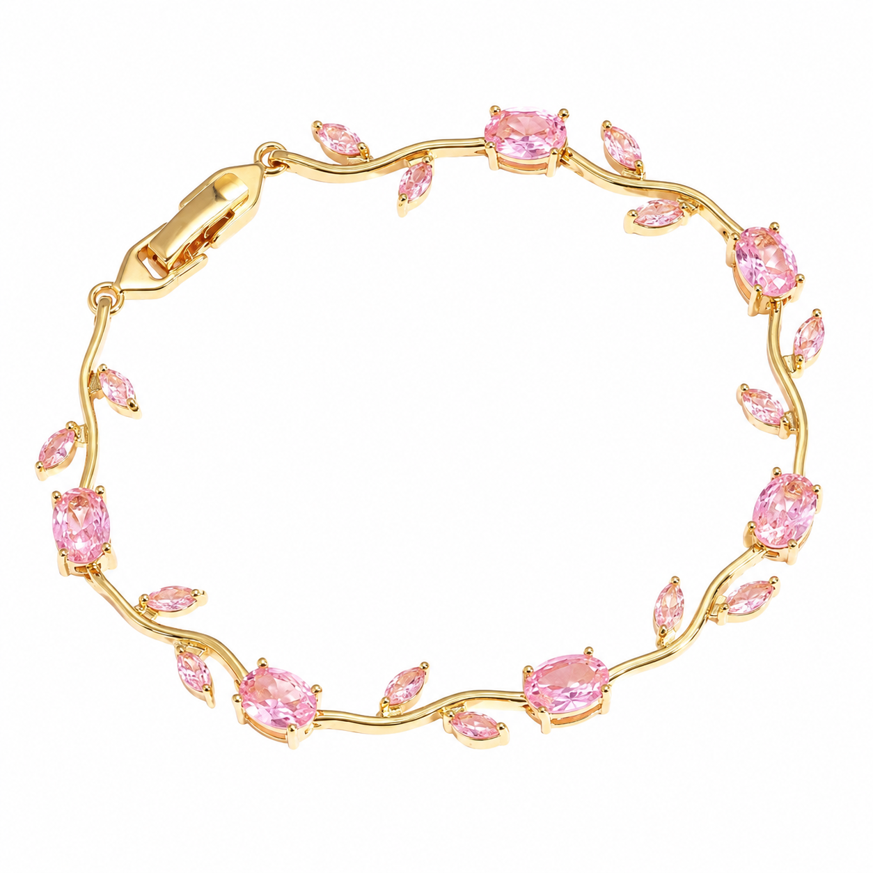 Tulipa Rose Armband mit 18K Goldvergoldung und rosafarbenen Zirkonia-Steinen, Draufsicht auf weißem Hintergrund