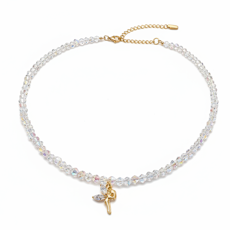 Feenmärchen Choker – handgefertigter Kristall-Choker mit goldenem Feen-Anhänger und Zirkonia-Flügeln, Alextra Boutique Studio