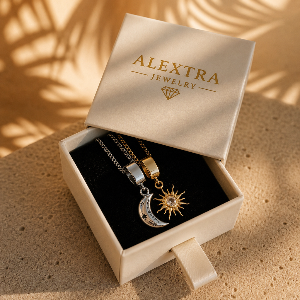 Sonne & Mond Collier Set – Sterlingsilber Partnerkette mit Mond- und Sonnen-Anhänger, Edelstahlketten in Silber und Gold, 42 cm
