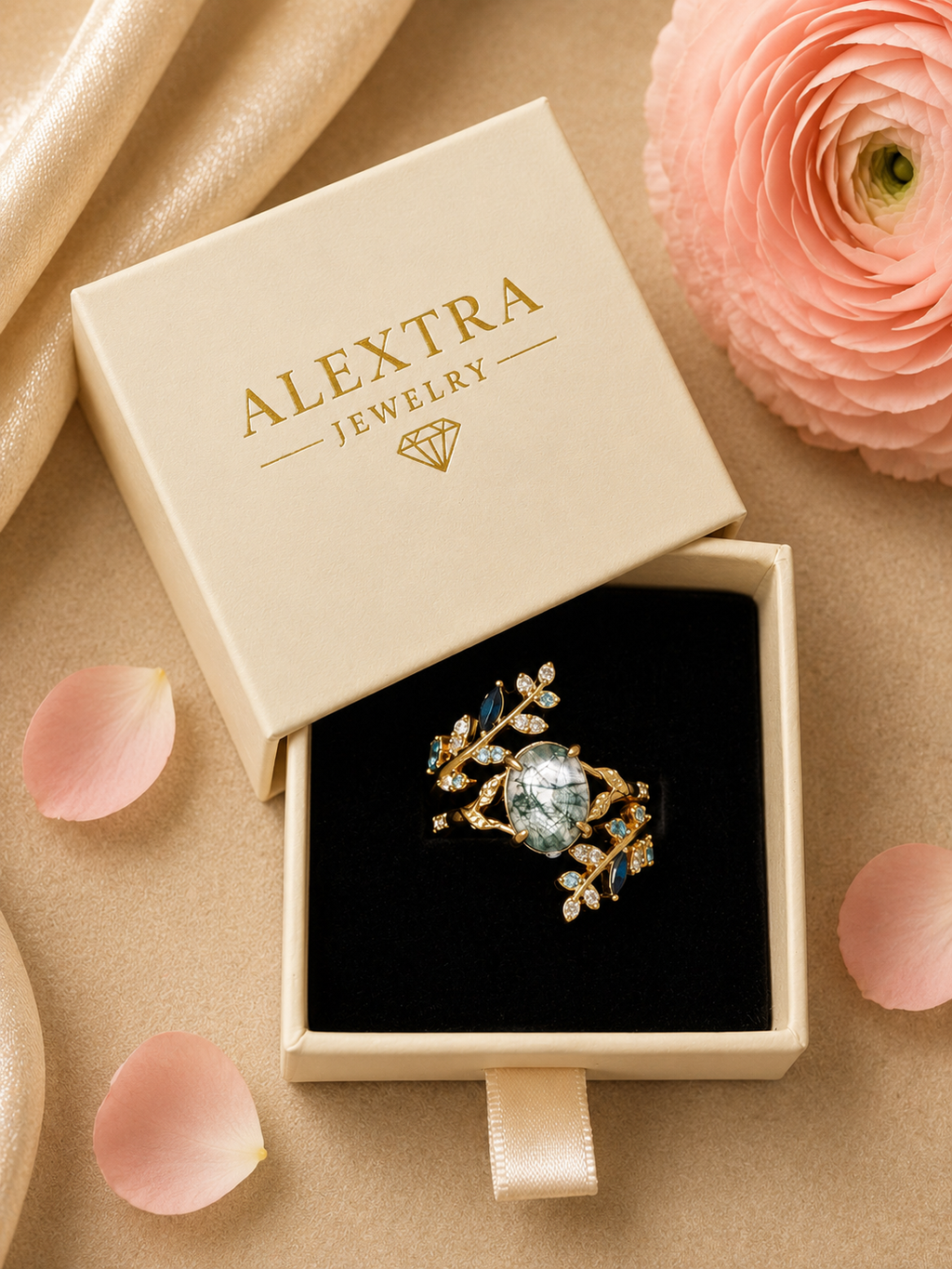 Blütentraum Moosgrün Ring – In der Alextra Jewelry Geschenkbox