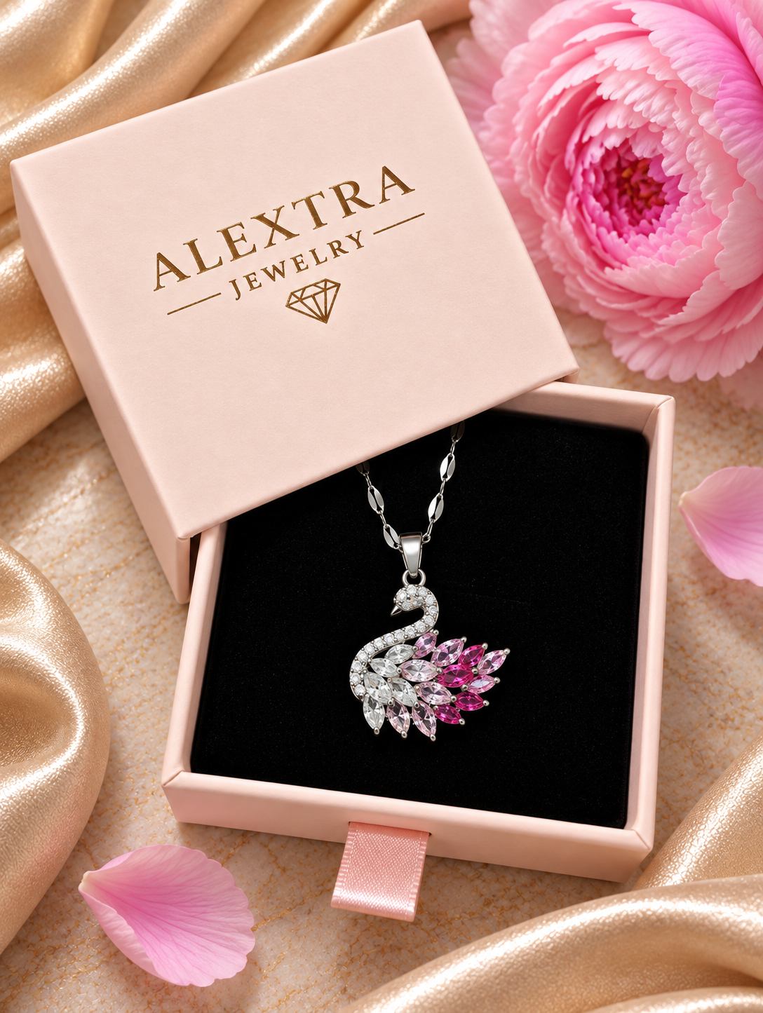 Rosentraum Schwan-Collier mit rosa-weißem Schwan-Anhänger in Alextra Jewelry Geschenkbox auf schwarzem Einsatz, neben rosa Blüte