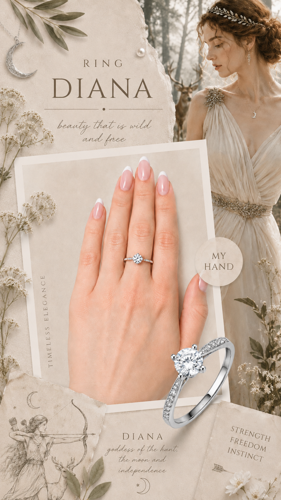 Diana Ring – Zirkonia mit Vierzackenfassung und Pavé-Besatz, zur Fassung hin verjüngende Ringschiene, Edelstahl mit Platinbeschichtung