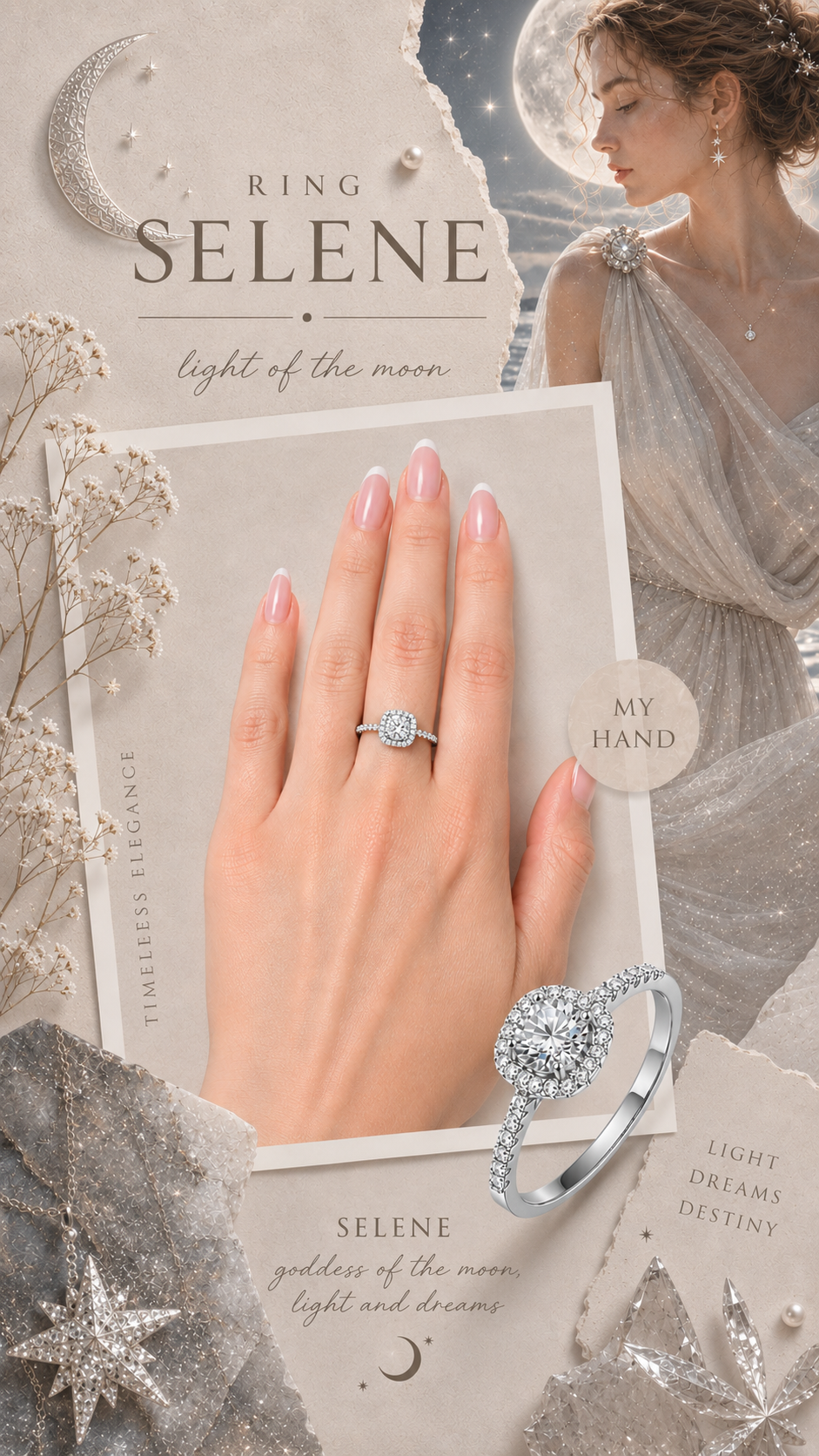 Selene Ring – Runder Zirkonia mit quadratischem Pavé-Halo und Pavé-Schiene, Edelstahl mit Platinbeschichtung