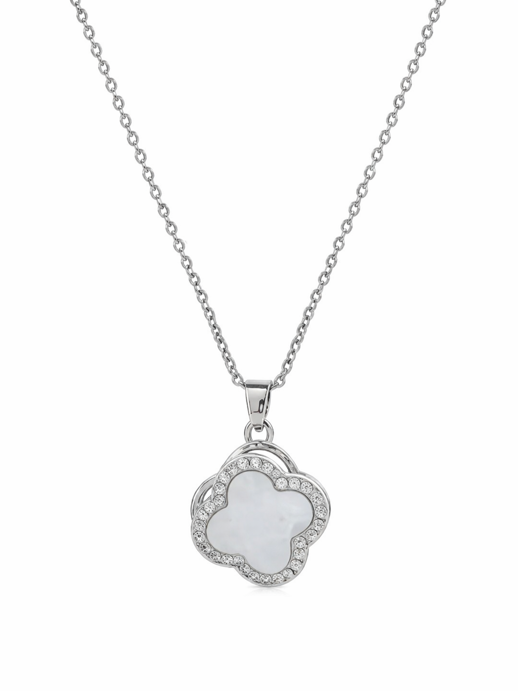 Trèfle Nacré Collier – Silber, Perlmutt-Kleeblatt mit Zirkonia, drehbarer Anhänger