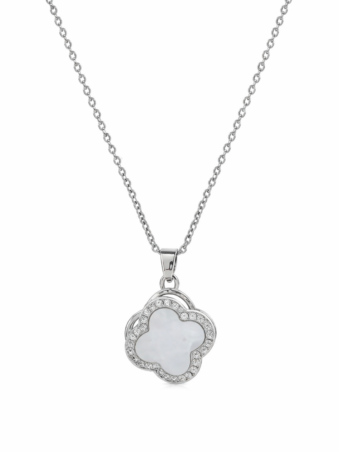 Trèfle Nacré Collier – Silber, Perlmutt-Kleeblatt mit Zirkonia, drehbarer Anhänger