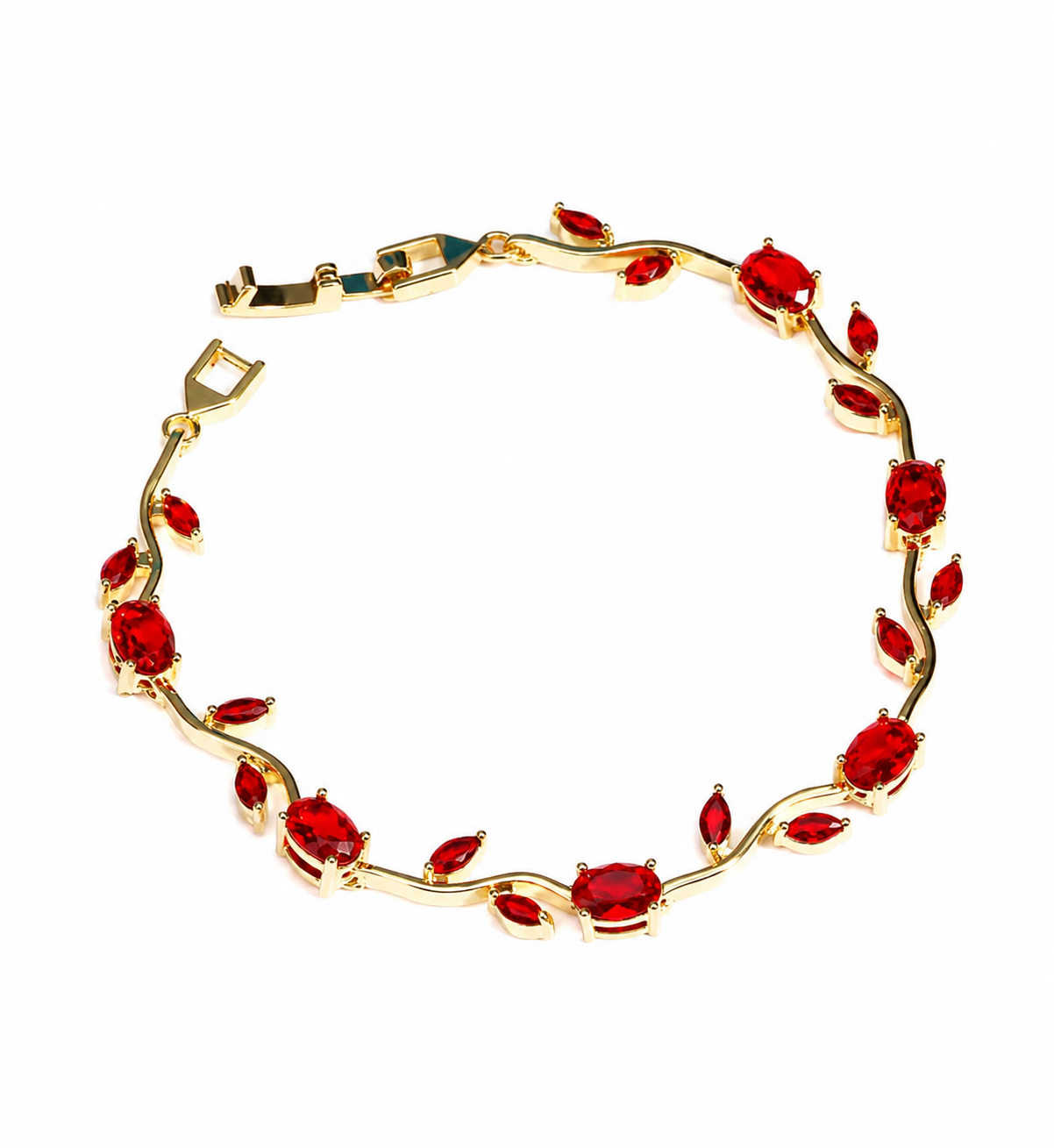 Tulipa Rouge Armband mit 18K Goldvergoldung und roten Zirkonia-Steinen in Oval- und Marquise-Schliff, Alextra Jewelry